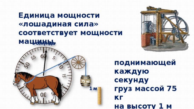 Единица мощности «лошадиная сила» соответствует мощности машины, поднимающей каждую секунду груз массой 75 кг на высоту 1 м 