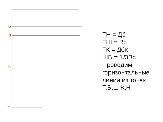Т Б ТН = Дб ТШ = Вс ТК = Дбк ШБ = 1/3Вс Проводим горизонтальные линии из точек Т,Б,Ш,К,Н Ш К Н 