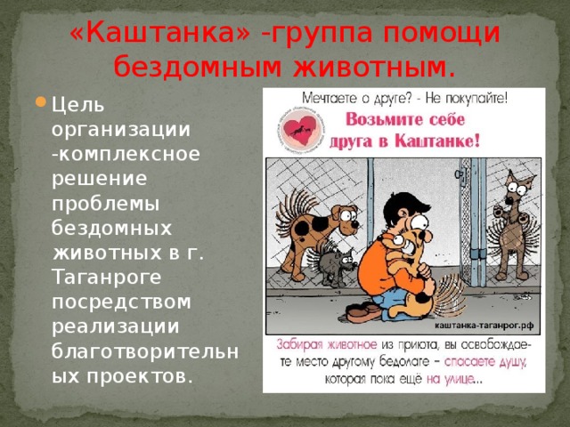 «Каштанка» -группа помощи бездомным животным. Цель организации -комплексное решение проблемы бездомных животных в г. Таганроге посредством реализации благотворительных проектов. 