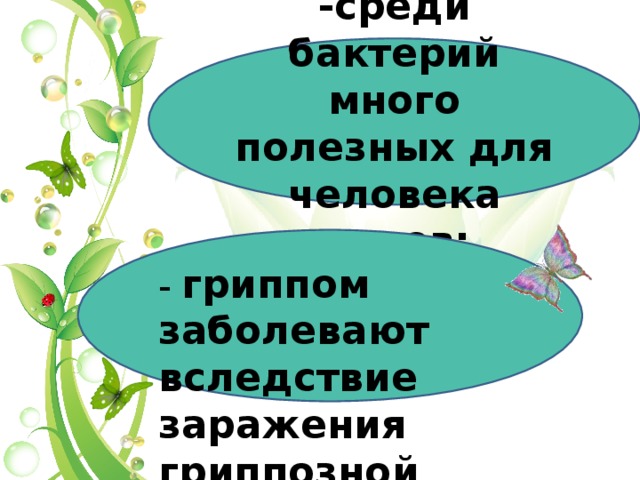 -среди бактерий много полезных для человека видов; - гриппом заболевают вследствие заражения гриппозной палочкой; 