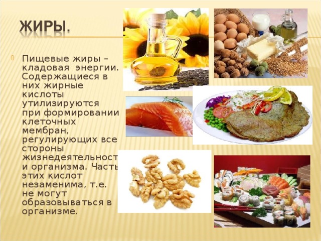 Пищевые жиры – кладовая энергии. Содержащиеся в них жирные кислоты утилизируются при формировании клеточных мембран, регулирующих все стороны жизнедеятельности организма. Часть этих кислот незаменима, т.е. не могут образовываться в организме. 