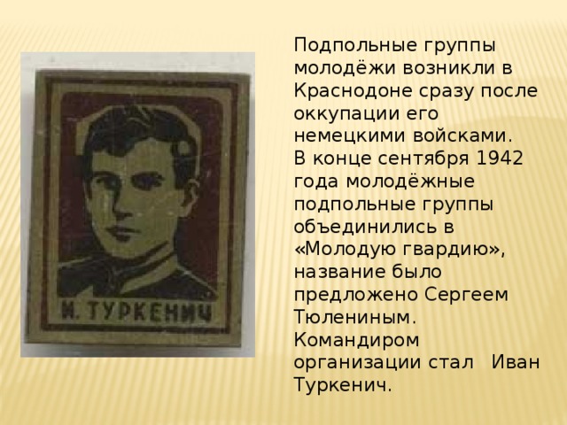 Подпольные группы молодёжи возникли в Краснодоне сразу после оккупации его немецкими войсками. В конце сентября 1942 года молодёжные подпольные группы объединились в «Молодую гвардию», название было предложено Сергеем Тюлениным. Командиром организации стал Иван Туркенич. 
