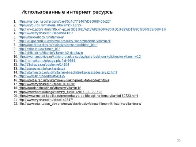 Использованные интернет ресурсы https://yandex.ru/collections/card/5b4c77f8467d080088400d23/ https://infourok.ru/material.html?mid=11724 http://xn--i1abbnckbmcl9fb.xn--p1ai/%D1%81%D1%82%D0%B0%D1%82%D1%8C%D0%B8/660417/ http://www.myshared.ru/slide/961401/ https://builderbody.ru/vitamin-a/ http://krugozornik.ru/zdorove/produkty-soderzhashhie-vitamin-s/ https://kopilkaurokov.ru/biologiya/presentacii/bieri_bieri http://zslife.in.ua/vitamin_b1/ http://phtiziatr.ru/vitamin/vitamin-b2-riboflavin https://womanadvice.ru/kakie-produkty-soderzhat-v-bolshom-kolichestve-vitamin-v12 http://mrmarker.ru/p/page.php?id=9564 http://33strausa.ru/obshenie/14104 http://zdorovko.info/raxit-u-detej/ http://vitaminypro.ru/vidy/vitamin-d-i-solntse-kakaya-zdes-svyaz.html http://www.aif.ru/food/diet/40195 https://polzavred.info/vitamin-e-v-kakih-produktah-soderzhitsya http://www.myshared.ru/slide/1081028/ https://foodandhealth.ru/vitaminy/vitamin-k/ https://vseznam.ru/blog/vitaminy_funkcii/2017-02-17-1628 https://www.metod-kopilka.ru/prezentaciya-po-biologii-na-temu-vitamini-60723.html http://www.myshared.ru/slide/149847/ http://www.edu.ru/app_dev.php/news/eksklyuzivy/cinga-i-limonniki-istoriya-vitamina-s/   