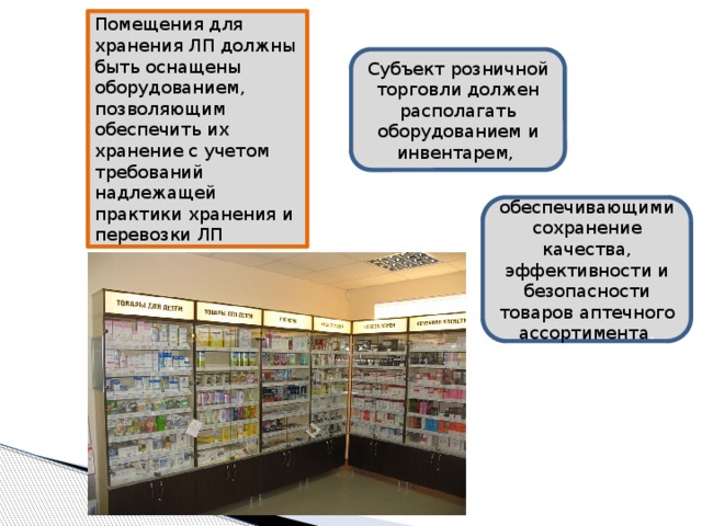 Помещения для хранения ЛП должны быть оснащены оборудованием, позволяющим обеспечить их хранение с учетом требований надлежащей практики хранения и перевозки ЛП Субъект розничной торговли должен располагать оборудованием и инвентарем, обеспечивающими сохранение качества, эффективности и безопасности товаров аптечного ассортимента . 