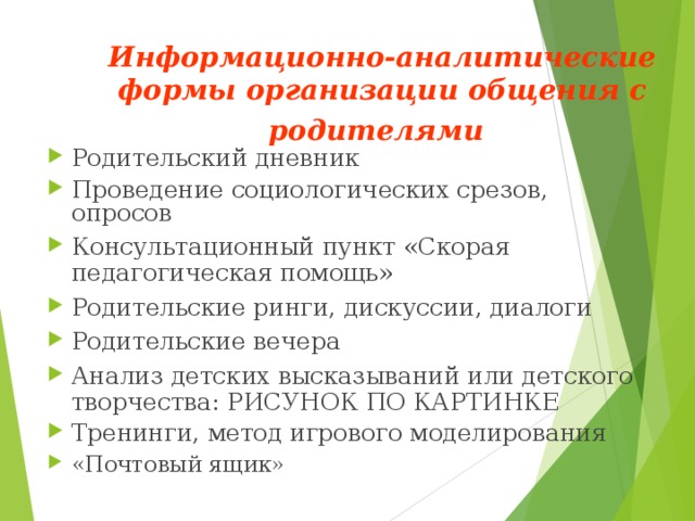 Информационно-аналитические формы организации общения с родителями  Родительский дневник Проведение социологических срезов, опросов Консультационный пункт «Скорая педагогическая помощь» Родительские ринги, дискуссии, диалоги Родительские вечера Анализ детских высказываний или детского творчества: РИСУНОК ПО КАРТИНКЕ Тренинги, метод игрового моделирования «Почтовый ящик»  