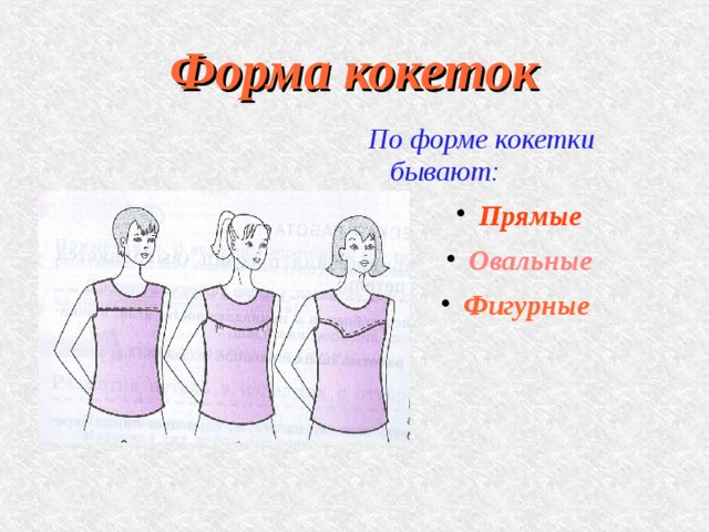 Форма кокеток По форме кокетки бывают: Прямые Овальные Фигурные 