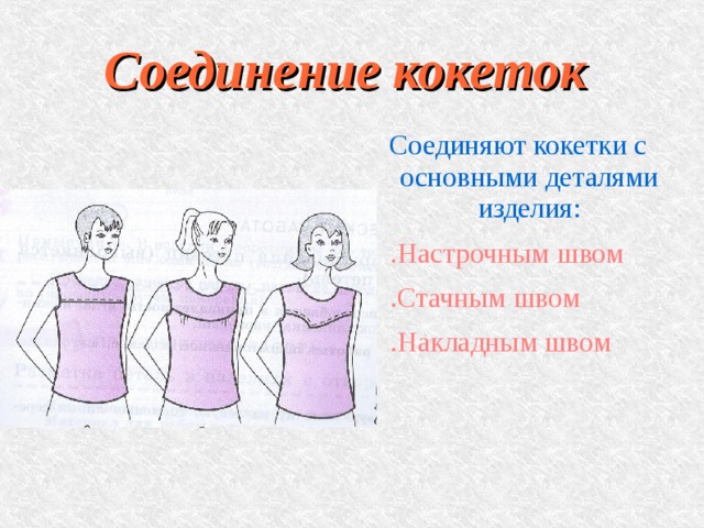 Соединение кокеток Соединяют кокетки с основными деталями изделия: .Настрочным швом .Стачным швом .Накладным швом 