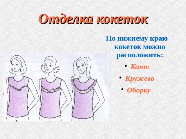 Отделка кокеток По нижнему краю кокеток можно расположить: Кант Кружево Оборку 