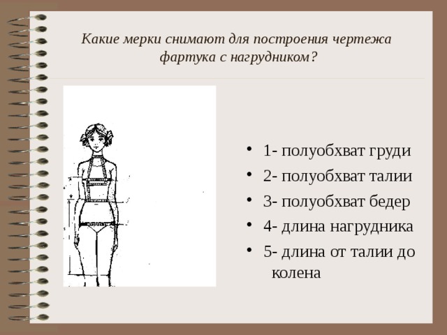 Какие мерки снимают для построения чертежа  фартука с нагрудником? 1- полуобхват груди 2- полуобхват талии 3- полуобхват бедер 4- длина нагрудника 5- длина от талии до колена 