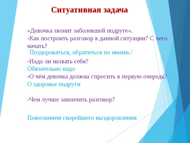 Ситуативная задача «Девочка звонит заболевшей подруге». -Как построить разговор в данной ситуации? С чего начать? -Надо ли назвать себя? Обязательно надо -О чём девочка должна спросить в первую очередь?  О здоровье подруги -Чем лучше закончить разговор? Поздороваться, обратиться по имени./ Пожеланием скорейшего выздоровления 