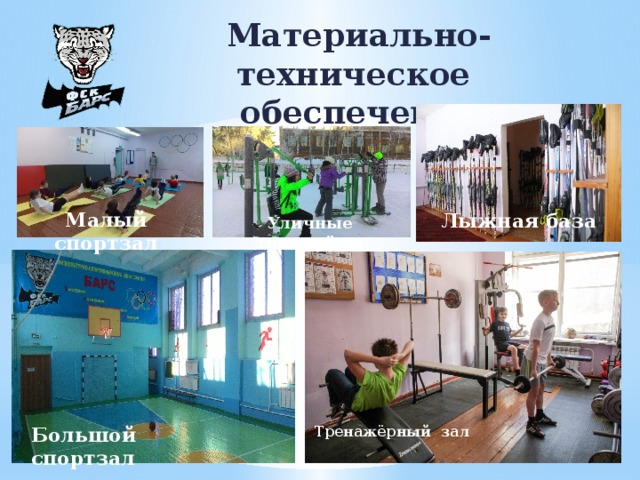 Материально-техническое обеспечение Малый спортзал Лыжная база Уличные тренажёры Большой спортзал Тренажёрный зал 