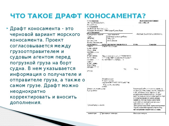 ЧТО ТАКОЕ ДРАФТ КОНОСАМЕНТА? Драфт коносамента - это черновой вариант морского коносамента. Проект согласовывается между грузоотправителем и судовым агентом перед погрузкой груза на борт судна. В нем указывается информация о получателе и отправителе груза, а также о самом грузе. Драфт можно неоднократно корректировать и вносить дополнения. 