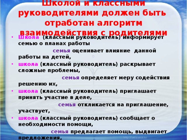 Школой и классными руководителями должен быть отработан алгоритм взаимодействия с родителями Школа (классный руководитель) информирует семью о планах работы  семья оценивает влияние данной работы на детей, школа (классный руководитель) раскрывает сложные проблемы,  семья определяет меру содействия решению их, школа (классный руководитель) приглашает принять участие в деле,  семья откликается на приглашение, участвует, школа (классный руководитель) сообщает о необходимости помощи,  семья предлагает помощь, выдвигает предложения, школа (класс) организует общее дело,  семья участвует в общих делах. 2/11/19 6 