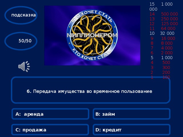 15 1 000 000 14 500 000 13 250 000 12 125 000 11 64 000  32 000  9 16 000  8 8 000  7 4 000  6 2 000  5 1 000  4 500  3 300  2 200  1 100 подсказка  50/50 6.  Передача имущества во временное пользование .  А: аренда В: займ С: продажа D: кредит
