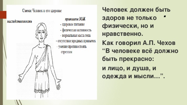 Человек должен быть здоров не только физически, но и нравственно. Как говорил А.П. Чехов “В человеке всё должно быть прекрасно: и лицо, и душа, и одежда и мысли…”. . 