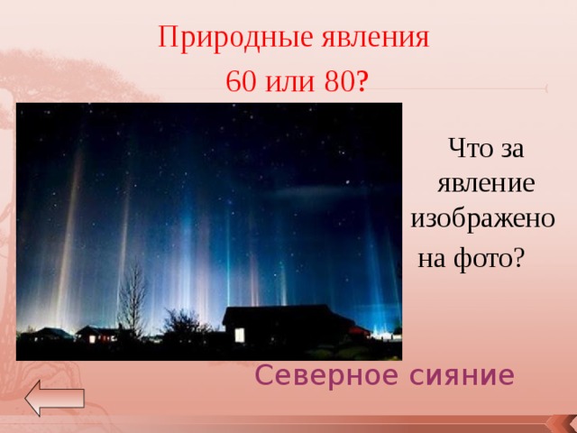 Природные явления 60 или 80?  Что за явление изображено на фото? Северное сияние 