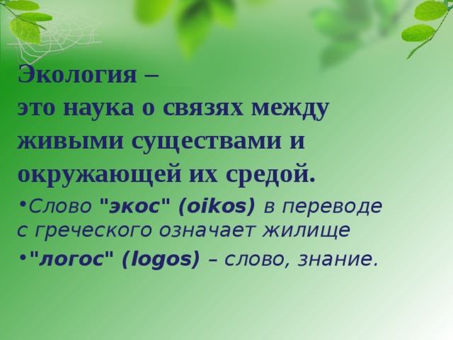 Экология – это наука о связях между живыми существами и окружающей их средой. Слово 
