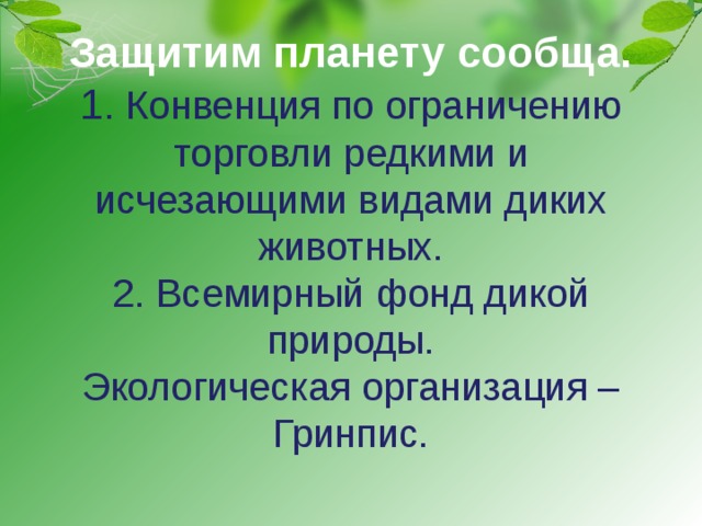 Защитим планету сообща.  1 . Конвенция по ограничению торговли редкими и исчезающими видами диких животных.  2. Всемирный фонд дикой природы.  Экологическая организация – Гринпис. 