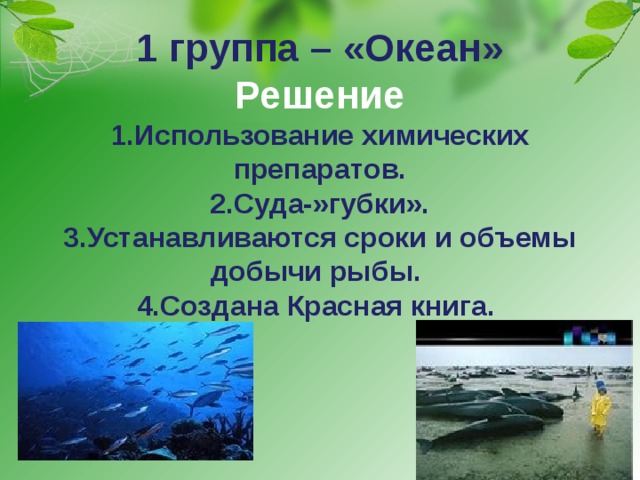 1 группа – «Океан»  Решение  1.Использование химических препаратов.  2.Суда-»губки».  3.Устанавливаются сроки и объемы добычи рыбы.  4.Создана Красная книга. 