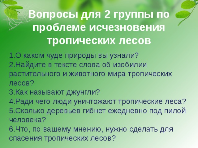 Вопросы для 2 группы по проблеме исчезновения тропических лесов 1.О каком чуде природы вы узнали? 2.Найдите в тексте слова об изобилии растительного и животного мира тропических лесов? 3.Как называют джунгли? 4.Ради чего люди уничтожают тропические леса? 5.Сколько деревьев гибнет ежедневно под пилой человека? 6.Что, по вашему мнению, нужно сделать для спасения тропических лесов? 