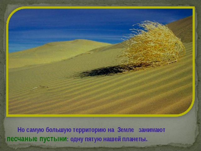  Но самую большую территорию на  Земле занимают песчаные пустыни : одну пятую нашей планеты. 