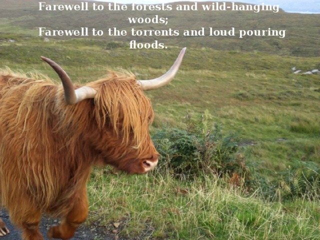     Farewell to the forests and wild-hanging woods;     Farewell to the torrents and loud pouring floods. 