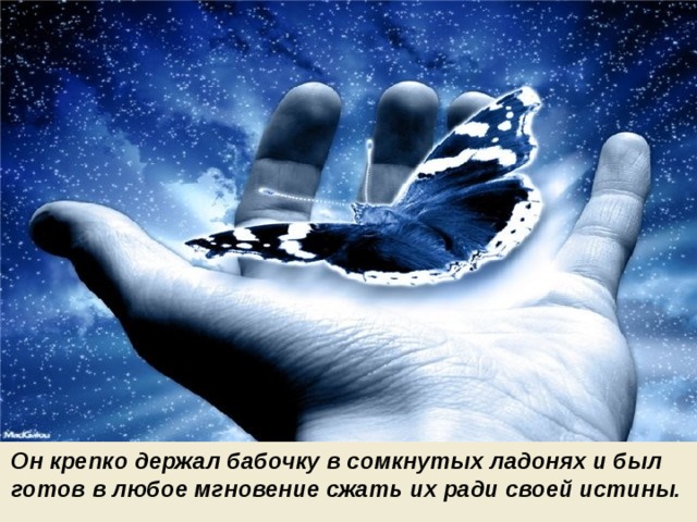 Он крепко держал бабочку в сомкнутых ладонях и был готов в любое мгновение сжать их ради своей истины.  