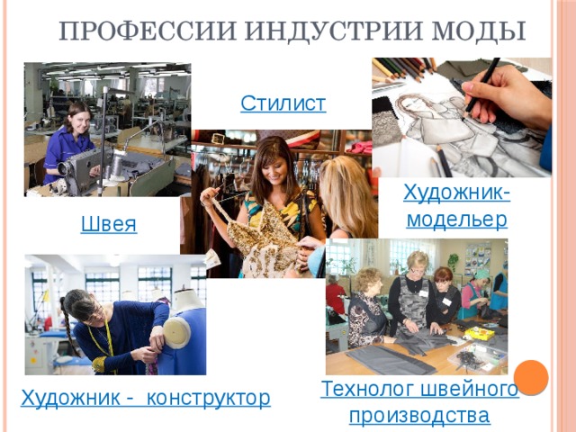 Профессии индустрии моды Стилист Художник- модельер Швея Технолог швейного производства Художник - конструктор 