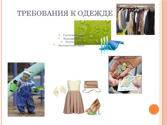 Требования к одежде Гигиенические Экономические Эстетические Эксплуатационные 