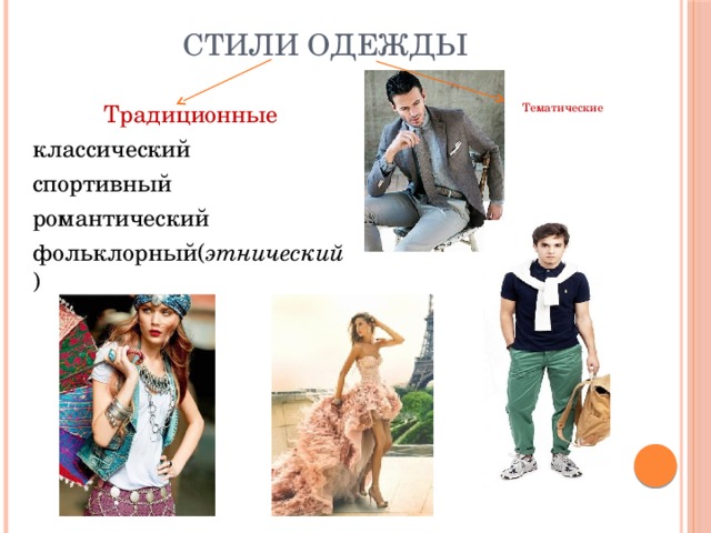 Стили одежды Традиционные классический спортивный романтический фольклорный( этнический ) Тематические 