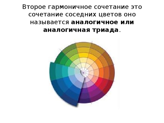Второе гармоничное сочетание это сочетание соседних цветов оно называется аналогичное или аналогичная триада .   