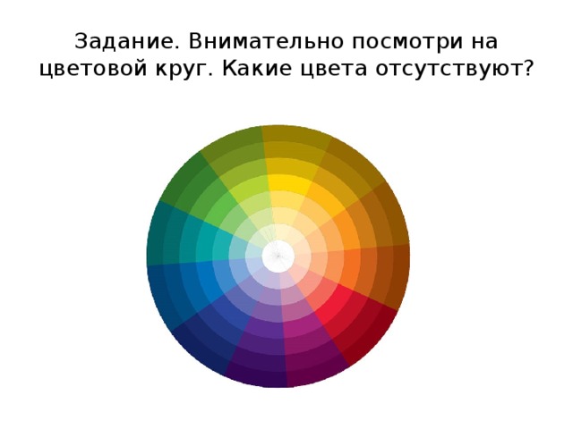 Задание. Внимательно посмотри на цветовой круг. Какие цвета отсутствуют? 