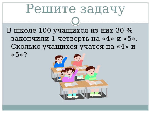 Решите задачу В школе 100 учащихся из них 30 % закончили 1 четверть на «4» и «5». Сколько учащихся учатся на «4» и «5»? 