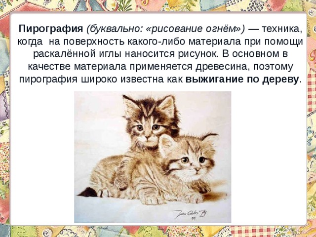 Пирография  (буквально: «рисование огнём»)  — техника, когда на поверхность какого-либо материала при помощи раскалённой иглы наносится рисунок. В основном в качестве материала применяется древесина, поэтому пирография широко известна как выжигание по дереву . 