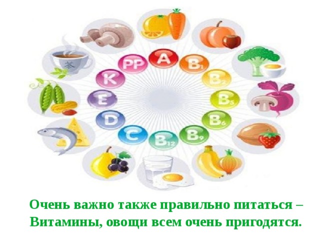 Очень важно также правильно питаться –  Витамины, овощи всем очень пригодятся. 