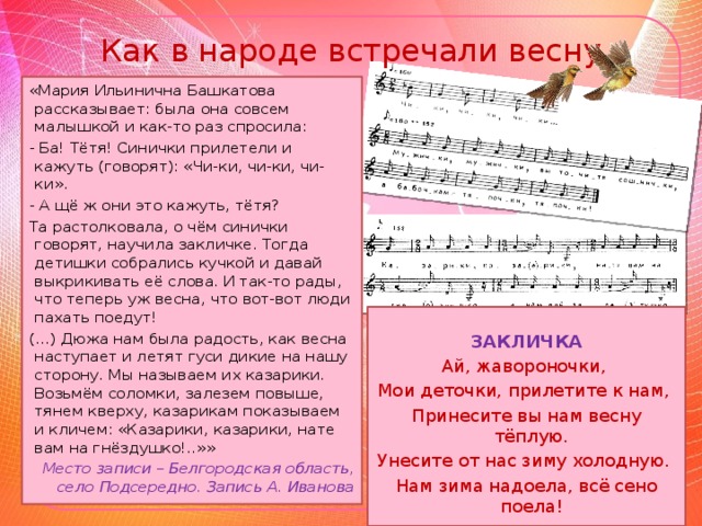 Как в народе встречали весну «Мария Ильинична Башкатова рассказывает: была она совсем малышкой и как-то раз спросила: - Ба! Тётя! Синички прилетели и кажуть (говорят): «Чи-ки, чи-ки, чи-ки». - А щё ж они это кажуть, тётя? Та растолковала, о чём синички говорят, научила закличке. Тогда детишки собрались кучкой и давай выкрикивать её слова. И так-то рады, что теперь уж весна, что вот-вот люди пахать поедут! (…) Дюжа нам была радость, как весна наступает и летят гуси дикие на нашу сторону. Мы называем их казарики. Возьмём соломки, залезем повыше, тянем кверху, казарикам показываем и кличем: «Казарики, казарики, нате вам на гнёздушко!..»» Место записи – Белгородская область, село Подсередно. Запись А. Иванова ЗАКЛИЧКА Ай, жавороночки, Мои деточки, прилетите к нам, Принесите вы нам весну тёплую. Унесите от нас зиму холодную. Нам зима надоела, всё сено поела!