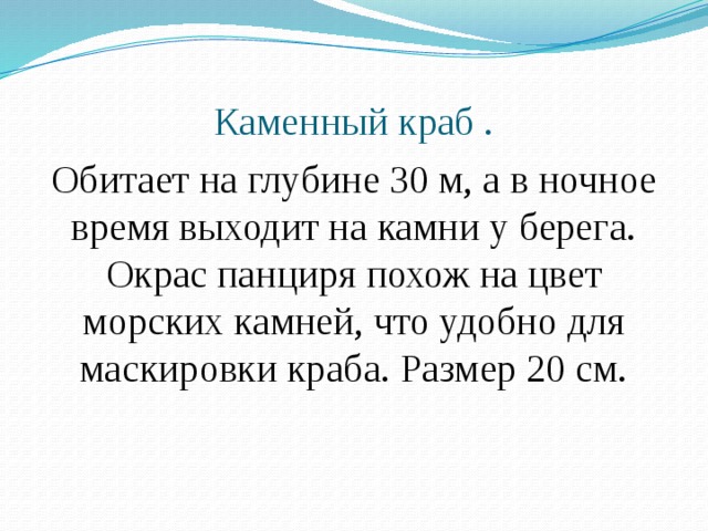 Каменный краб . Обитает на глубине 30 м, а в ночное время выходит на камни у берега. Окрас панциря похож на цвет морских камней, что удобно для маскировки краба. Размер 20 см. 