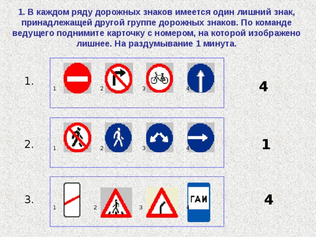 1. В каждом ряду дорожных знаков имеется один лишний знак, принадлежащей другой группе дорожных знаков. По команде ведущего поднимите карточку с номером, на которой изображено лишнее. На раздумывание 1 минута. 1 2 3 4 4 1. 1 2 3 4 1 2. 1 2 3 4 4 3. 