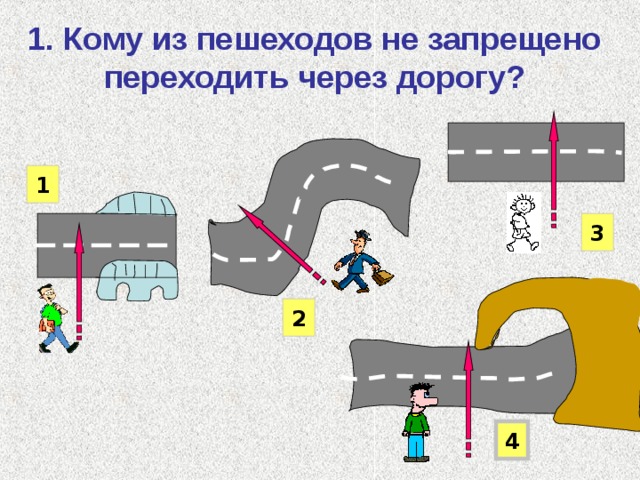 1. Кому из пешеходов не запрещено переходить через дорогу? 1 3 2 4 