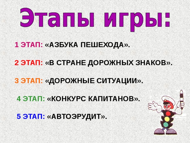 1 ЭТАП: «АЗБУКА ПЕШЕХОДА».  2 ЭТАП: «В СТРАНЕ ДОРОЖНЫХ ЗНАКОВ».   3 ЭТАП: «ДОРОЖНЫЕ СИТУАЦИИ».   4 ЭТАП: «КОНКУРС КАПИТАНОВ».   5 ЭТАП:  «АВТОЭРУДИТ». 