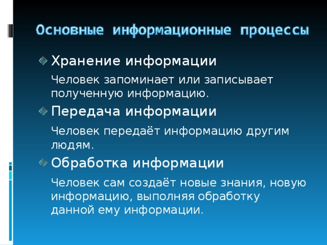 Хранение информации  Человек запоминает или записывает полученную информацию. Передача информации  Человек передаёт информацию другим людям. Обработка информации  Человек сам создаёт новые знания, новую информацию, выполняя обработку данной ему информации. 