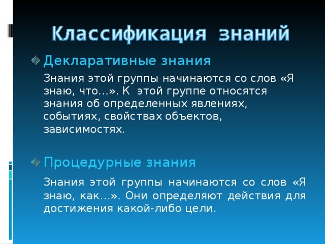 Декларативные знания  Знания этой группы начинаются со слов «Я знаю, что…». К этой группе относятся знания об определенных явлениях, событиях, свойствах объектов, зависимостях. Процедурные знания  Знания этой группы начинаются со слов «Я знаю, как…». Они определяют действия для достижения какой-либо цели. 