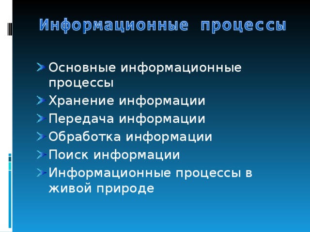Основные информационные процессы Хранение информации Передача информации Обработка информации Поиск информации Информационные процессы в живой природе 