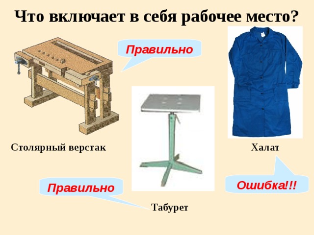 Что включает в себя рабочее место? Правильно Столярный верстак Халат Ошибка!!! Правильно Табурет 