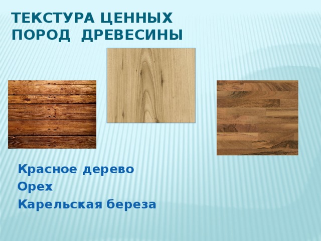 Текстура ценных пород древесины Красное дерево Орех Карельская береза 