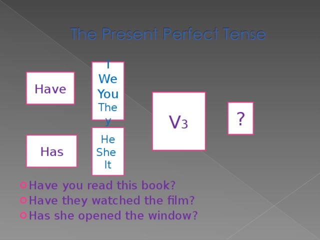 Have you read this book? Have they watched the film? Has she opened the window?   I We You They Have V 3 ? He She It Has 