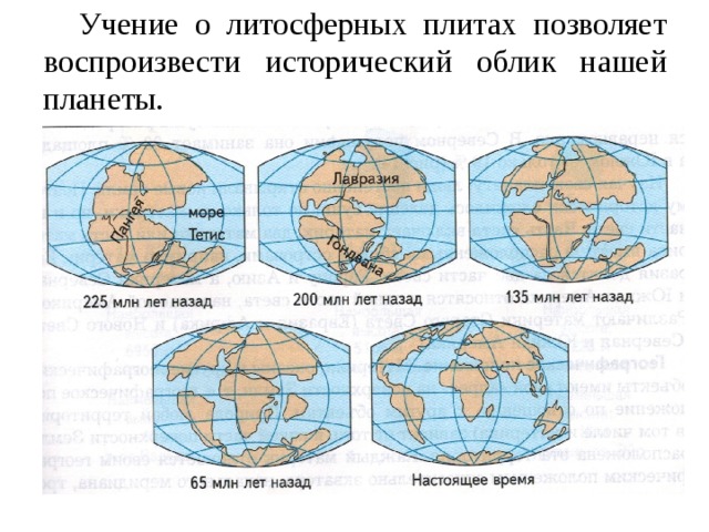  Учение о литосферных плитах позволяет воспроизвести исторический облик нашей планеты. 
