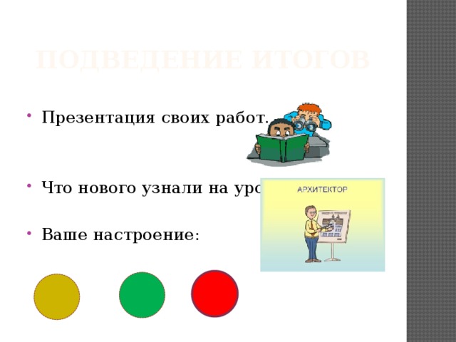 Подведение итогов Презентация своих работ. Что нового узнали на уроке? Ваше настроение: 
