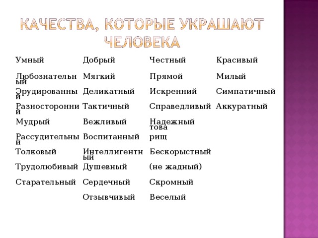 Умный Добрый Любознательный Мягкий Честный Эрудированный Разносторонний Красивый Прямой Деликатный Милый Тактичный Мудрый Искренний Симпатичный Справедливый Вежливый Рассудительный Аккуратный Воспитанный Надежный това­ Толковый Трудолюбивый Интеллигентный рищ Душевный Бескорыстный Старательный (не жадный) Сердечный Отзывчивый Скромный Веселый 