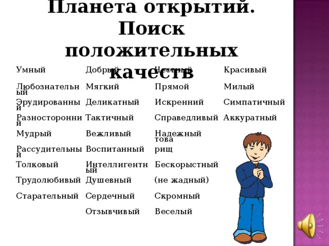 Планета открытий. Поиск положительных качеств Умный Добрый Любознательный Мягкий Честный Эрудированный Красивый Прямой Деликатный Разносторонний Милый Тактичный Мудрый Искренний Рассудительный Вежливый Симпатичный Справедливый Аккуратный Воспитанный Толковый Надежный това­ Трудолюбивый Интеллигентный рищ Душевный Бескорыстный Старательный (не жадный) Сердечный Отзывчивый Скромный Веселый 